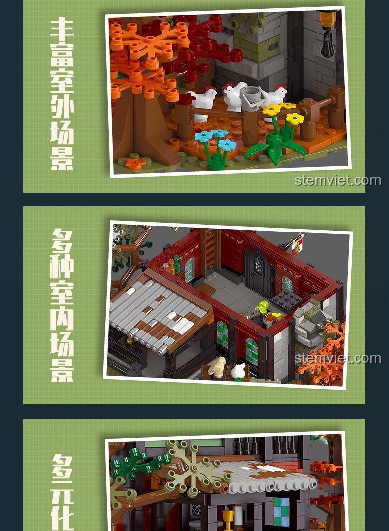 Các chi tiết nội thất và ngoại thất phong phú của bộ đồ chơi mô hình Nhà Trọ Thời Trung Cổ 89148.