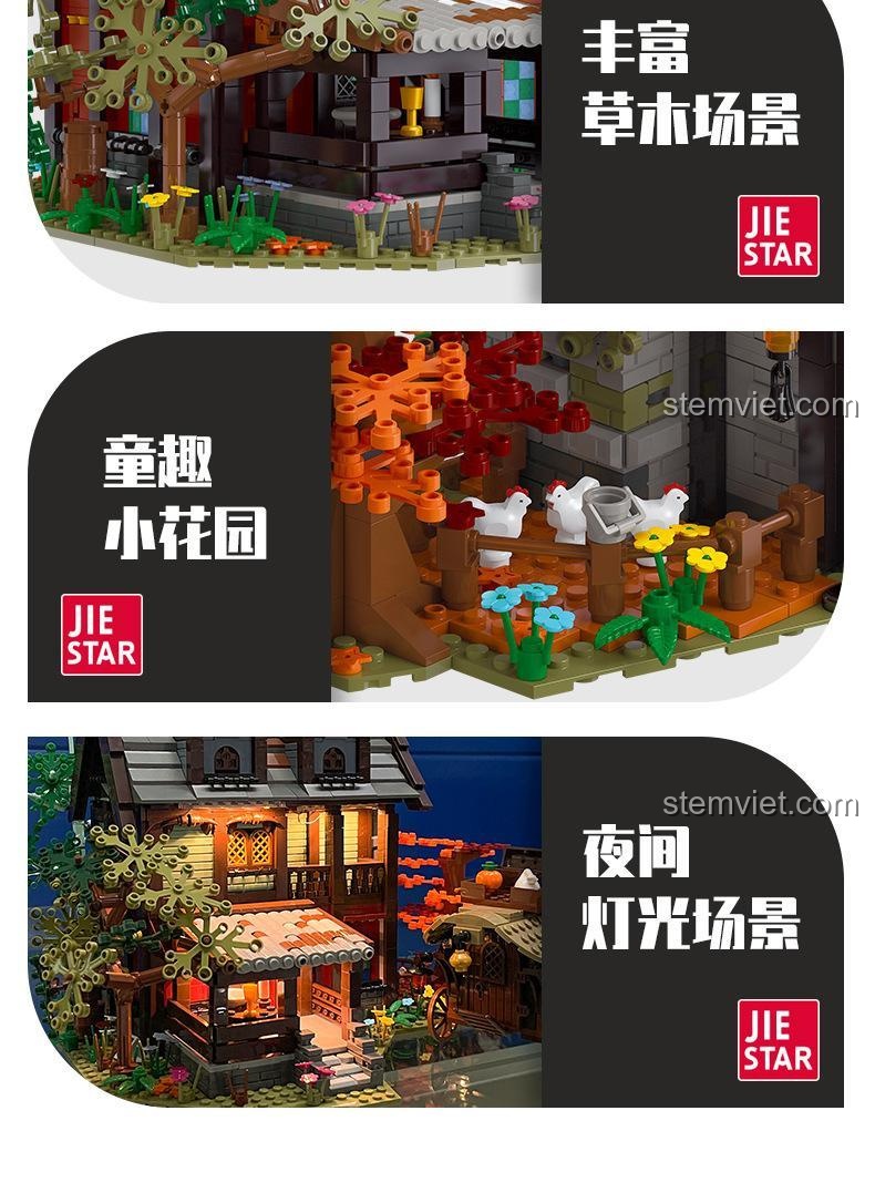 Chi tiết cảnh quan sân vườn và hiệu ứng đèn ban đêm của bộ đồ chơi xây dựng Kiến trúc Trung Cổ JIESTAR.