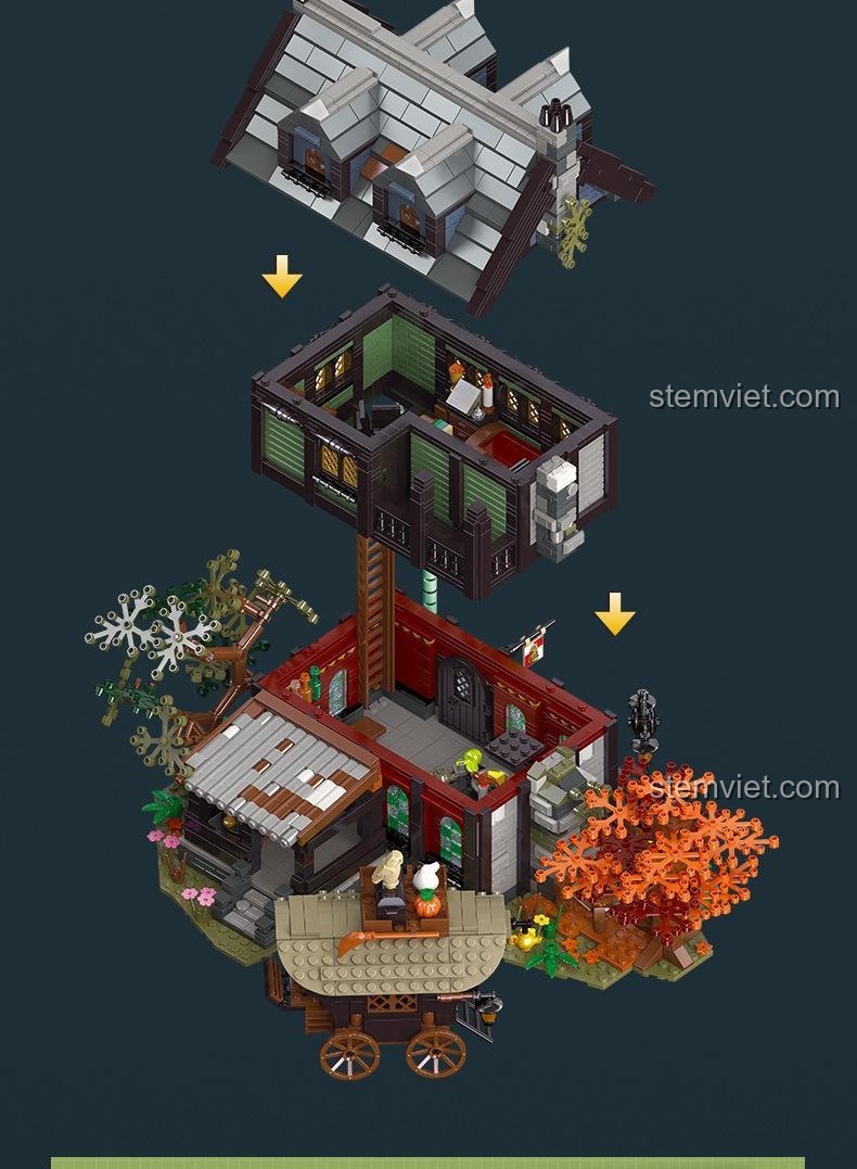 Hình ảnh mô tả cấu trúc module có thể tháo rời của bộ lắp ghép Quán Trọ Trung Cổ JIESTAR, cho thấy các tầng có thể tách ra.