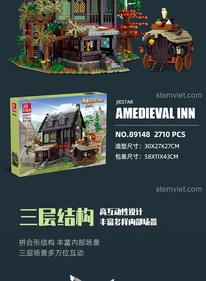 Poster mô tả cấu trúc 3 tầng và nội thất phong phú của Nhà Trọ Thời Trung Cổ 89148.