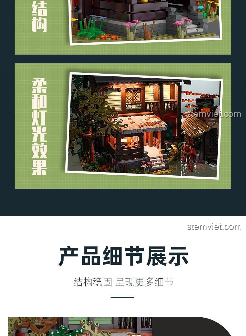 Poster giới thiệu hiệu ứng ánh sáng dịu nhẹ và các chi tiết sản phẩm của bộ xếp hình JIESTAR 89148.