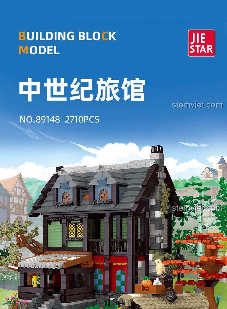 Poster quảng cáo cho bộ đồ chơi xây dựng Kiến trúc Trung Cổ JIESTAR 89148, với tiêu đề 'Quán Trọ Trung Cổ'.