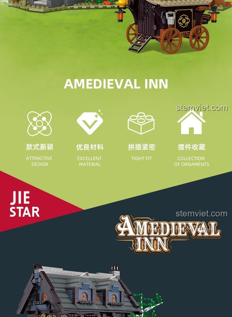Poster giới thiệu các đặc điểm nổi bật của bộ lắp ghép Quán Trọ Trung Cổ JIESTAR: thiết kế hấp dẫn, chất liệu tuyệt vời, lắp ráp khít, phù hợp sưu tầm.