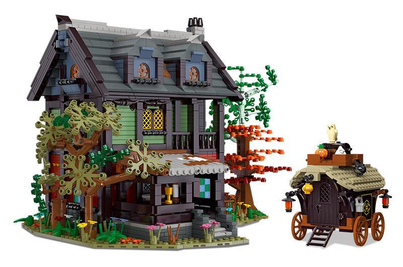 Mô hình Quán Trọ Trung Cổ JIESTAR 89148 đã lắp ráp hoàn chỉnh, không có nền, thể hiện chi tiết kiến trúc và cỗ xe ngựa đi kèm.