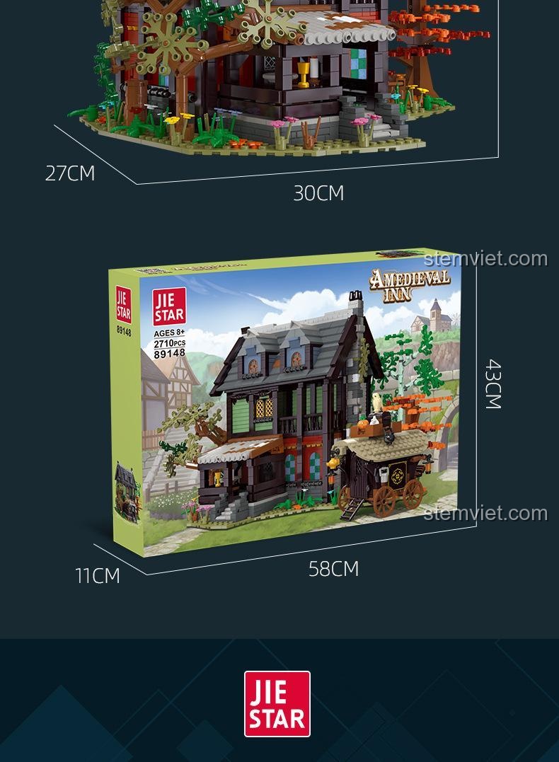Sơ đồ kích thước chi tiết của hộp và mô hình JIESTAR 89148 Quán Trọ Trung Cổ.