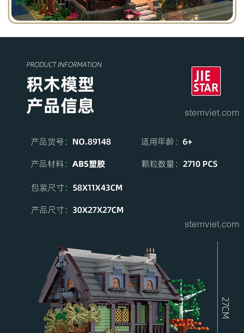 Thông tin chi tiết về sản phẩm bộ lắp ghép Quán Trọ Trung Cổ JIESTAR 89148, bao gồm mã sản phẩm, độ tuổi, chất liệu, số lượng hạt và kích thước.