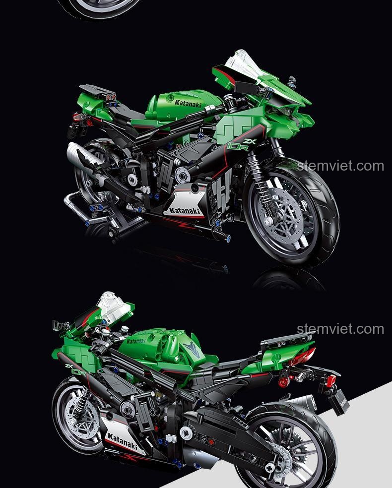 Ảnh chi tiết thân xe và bánh sau của mô hình lắp ráp Siêu mô tô Ninja ZX-10R, thể hiện sự tinh xảo trong thiết kế.