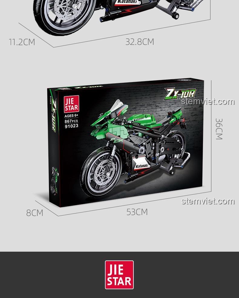 Ảnh thể hiện kích thước thực tế của mô hình JIESTAR 91023 và hộp đựng, giúp người mua dễ dàng hình dung.