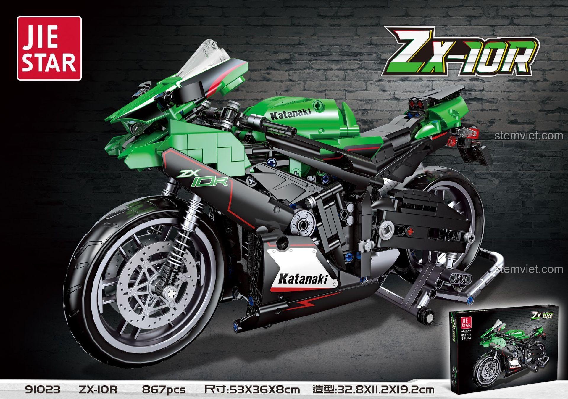 Poster quảng cáo đồ chơi mô hình JIESTAR 91023 thể hiện kích thước chi tiết của hộp và mô hình xe Kawasaki NINJA ZX-10R.