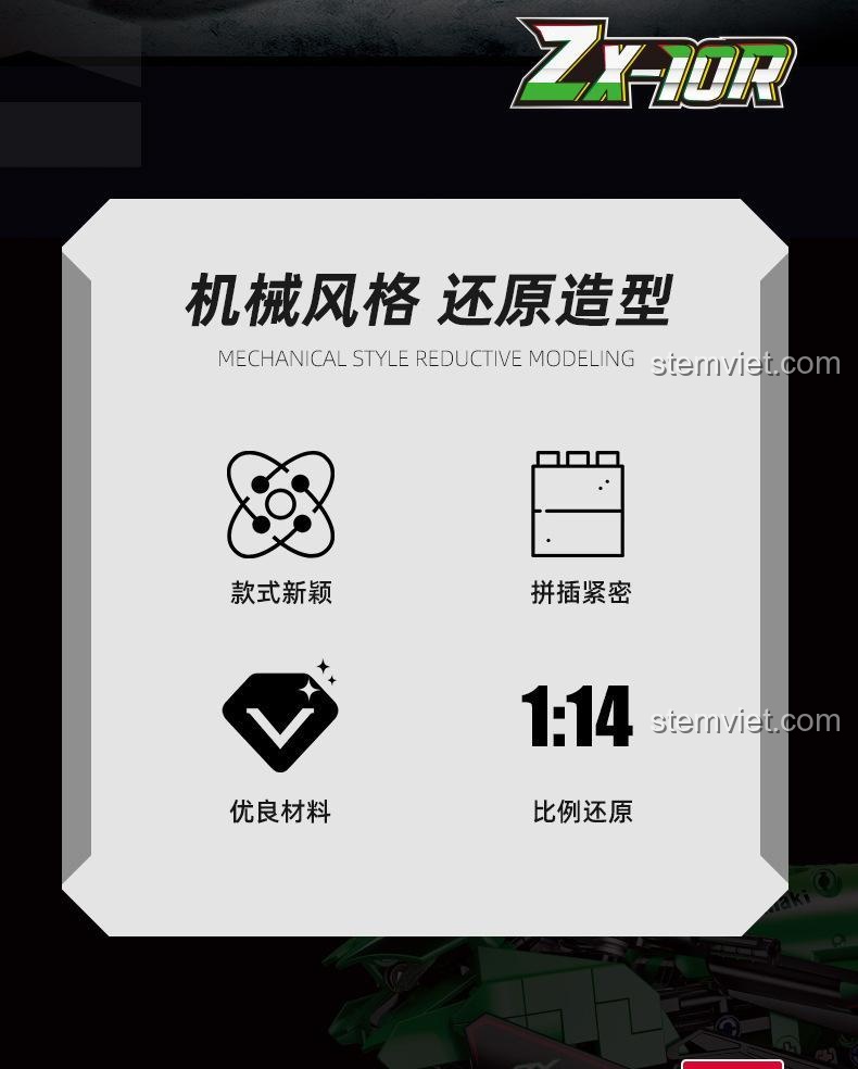 Các tính năng nổi bật của bộ đồ chơi JIESTAR 91023: phong cách cơ khí, lắp ráp khít, vật liệu cao cấp và tỉ lệ 1:14.