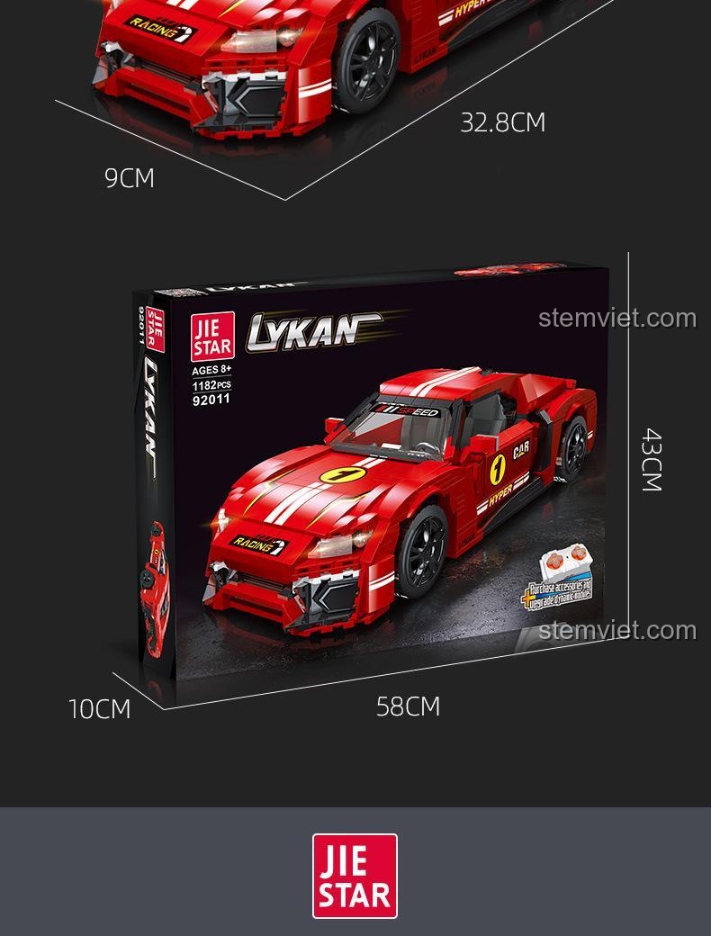 Hình ảnh thể hiện kích thước hộp sản phẩm JIESTAR 92011 Lykan Hypersport, dài 58cm, cao 43cm, rộng 10cm.