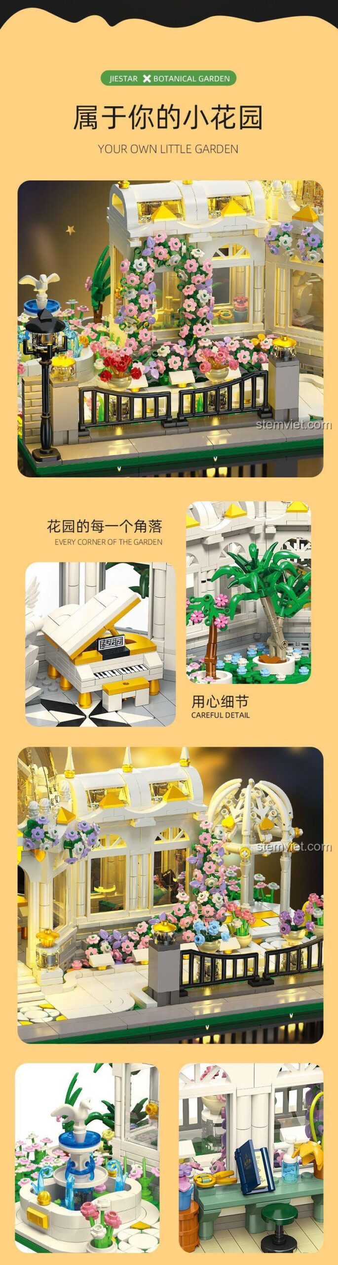 Chi tiết đồ chơi mô hình JIESTAR JJ9043 Khu vườn cổ điển, từng góc vườn được chăm chút tỉ mỉ, có đàn piano và cây cọ.
