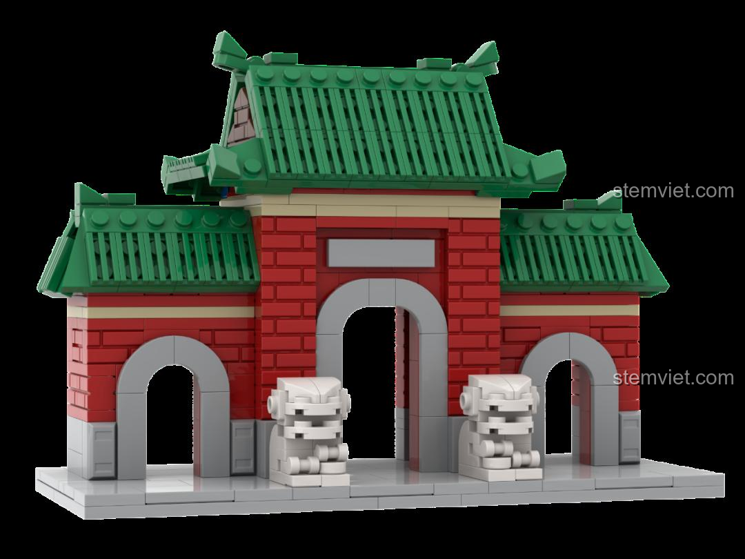 Minifigure học sinh đứng trên Cầu Chấp Tín và nhìn về phía cổng trường, tạo nên một câu chuyện đầy ký ức.