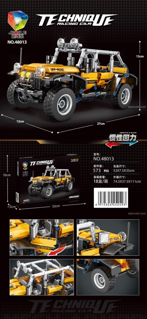 Chi tiết kích thước của bộ xếp hình 48013 và các góc nhìn khác của mô hình xe Jeep Wrangler, thể hiện sự tinh xảo của sản phẩm.