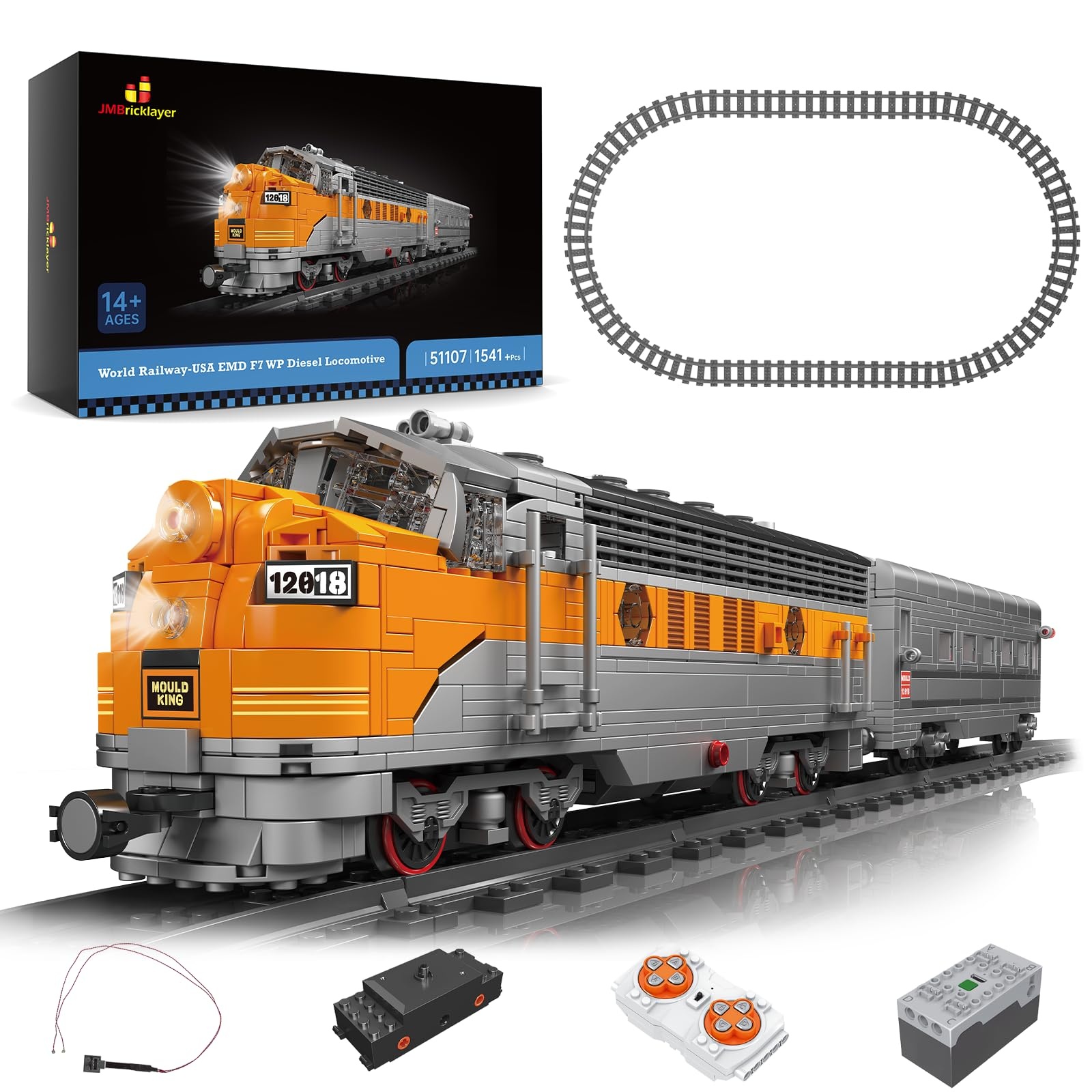 bộ lắp ráp Đầu máy Diesel USA EMD F7 WP JMBricklayer 51107 có hộp, điều khiển từ xa, đèn LED, đường ray, phù hợp con trai 14 tuổi, giá tốt