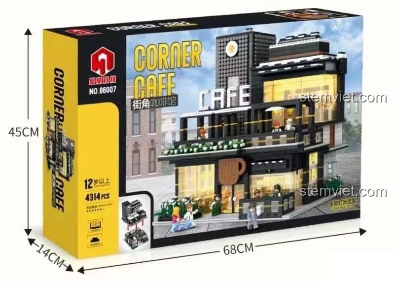 Hộp bộ lắp ghép Juhang Technology 86007 Quán Cà Phê Góc Phố với kích thước 68x14x45cm, thể hiện số chi tiết 4314 mảnh và độ tuổi khuyến nghị 12+.
