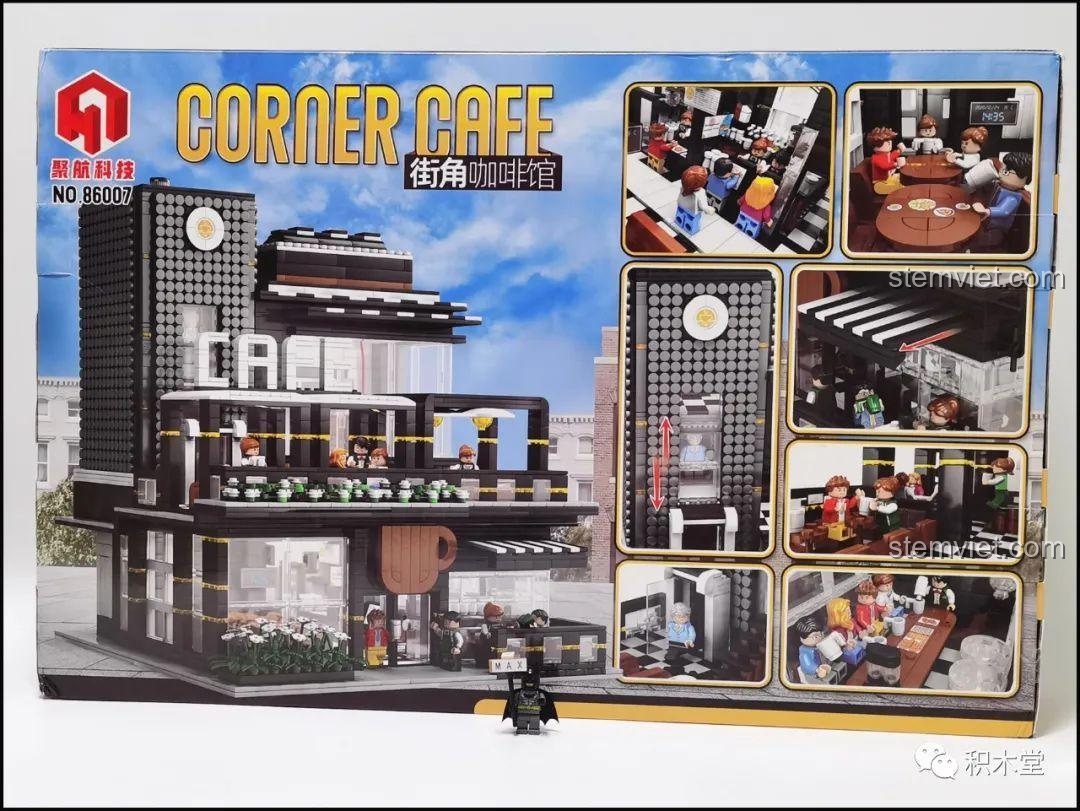 Mô hình Quán Cà Phê Góc Phố Juhang Technology 86007 từ góc nhìn khác, làm nổi bật kiến trúc tinh xảo và chi tiết độc đáo của thiết kế MOC gốc.