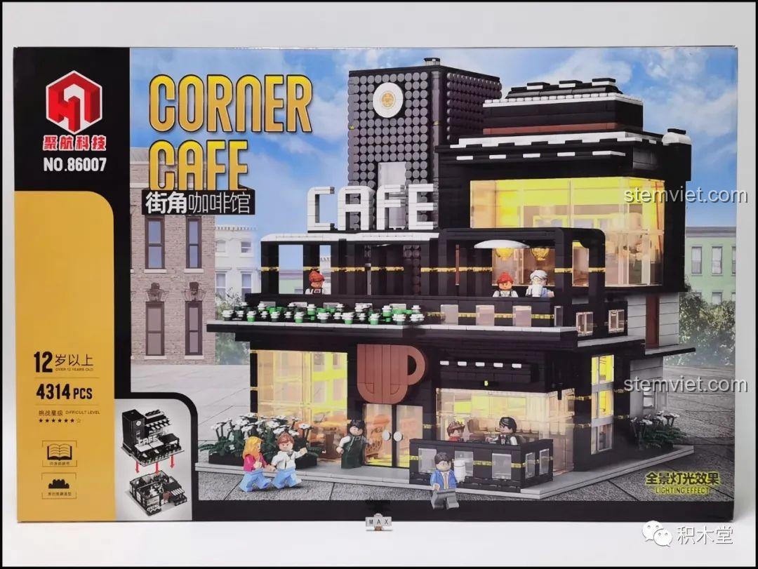 Mô hình Quán Cà Phê Góc Phố Juhang Technology 86007 với thiết kế MOC gốc, thể hiện ánh sáng đèn ấm áp từ bên trong, mang lại không gian sống động.