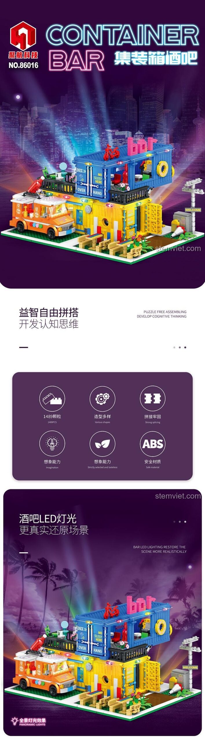 Mô hình Quán Bar Container Juhang Technology 86016 có đèn LED, 1489 mảnh ghép, chất lượng cao, giúp bé trai 6 tuổi phát triển tư duy sáng tạo.