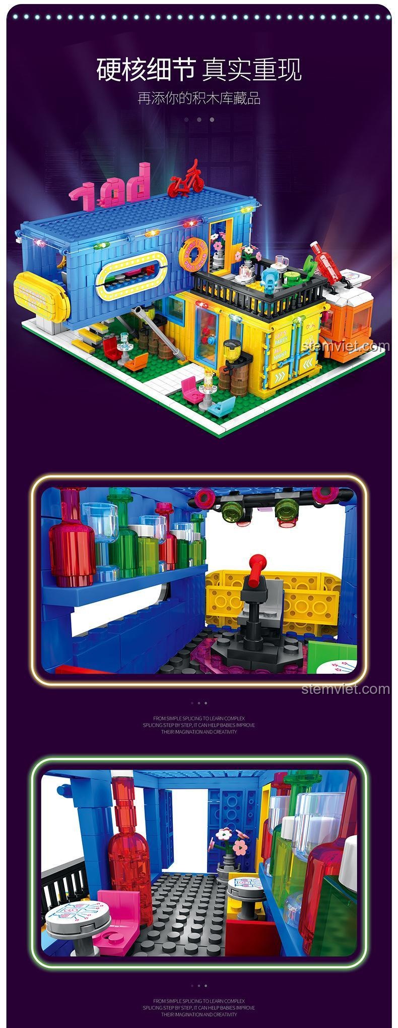 Đồ chơi mô hình Quán Bar Container Đèn LED 016 với nội thất chi tiết, tái hiện chân thực không gian quán bar, phù hợp bé trai 6 tuổi.