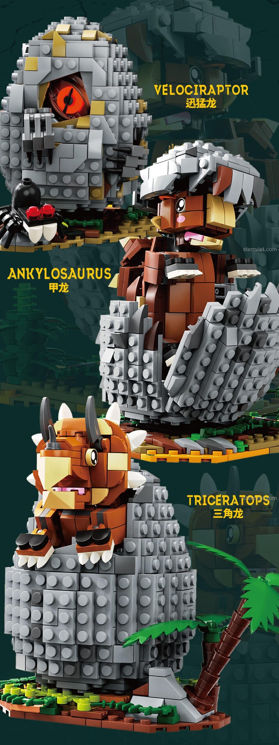 Tổng hợp 3 mô hình trứng khủng long: Velociraptor, Ankylosaurus, và Triceratops từ bộ xếp hình Kaido 99009.