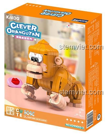 Hộp sản phẩm đồ chơi xếp hình Kaido KD99002-3, hình ảnh chú Đười Ươi Thông Minh và logo Clever Orangutan.