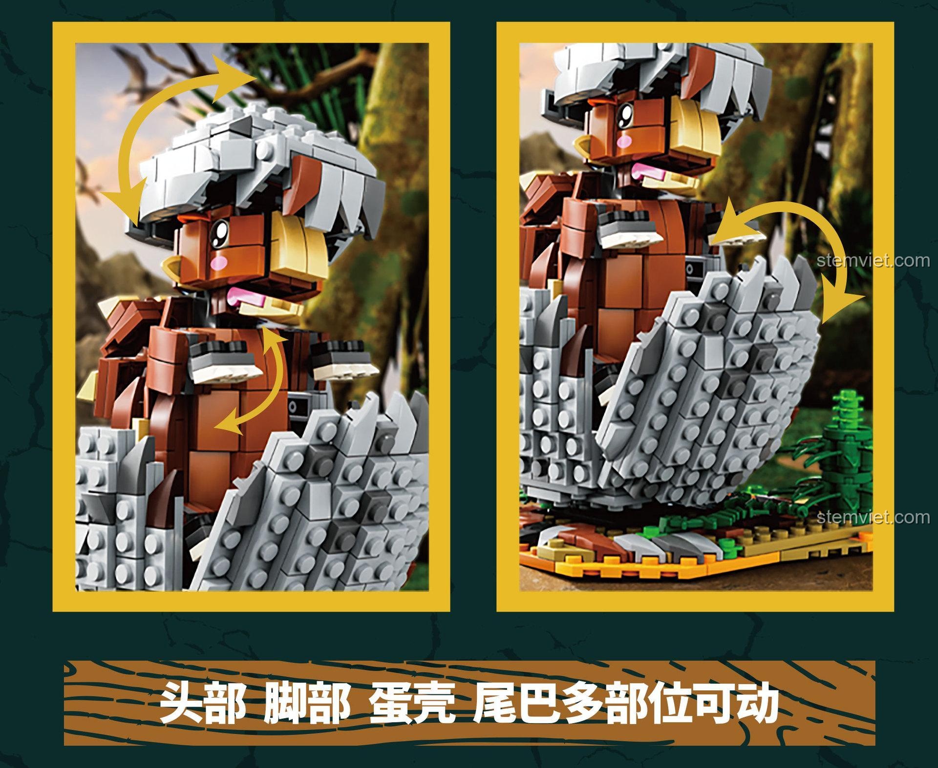 Các bộ phận cử động được của mô hình khủng long Ankylosaurus: đầu, chân, vỏ trứng và đuôi.