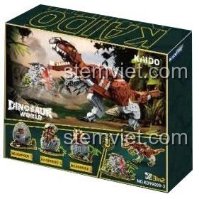 Hộp tổng hợp của bộ đồ chơi mô hình Thế giới khủng long Kaido KD99009, hiển thị khả năng lắp ráp 3 trong 1 thành T-Rex và núi lửa.