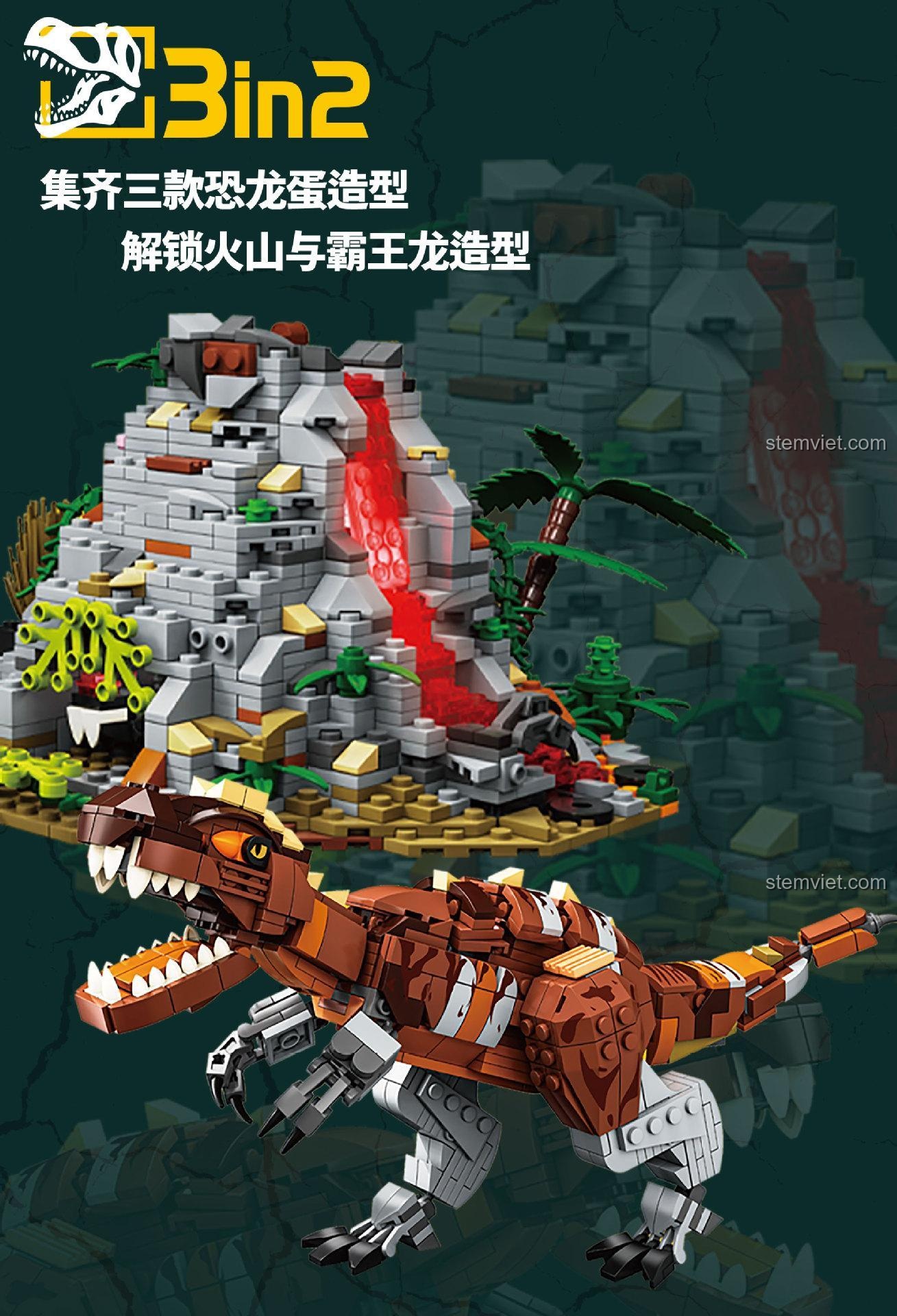 Hướng dẫn kết hợp 3 mẫu trứng khủng long để mở khóa mô hình núi lửa và khủng long bạo chúa T-Rex.