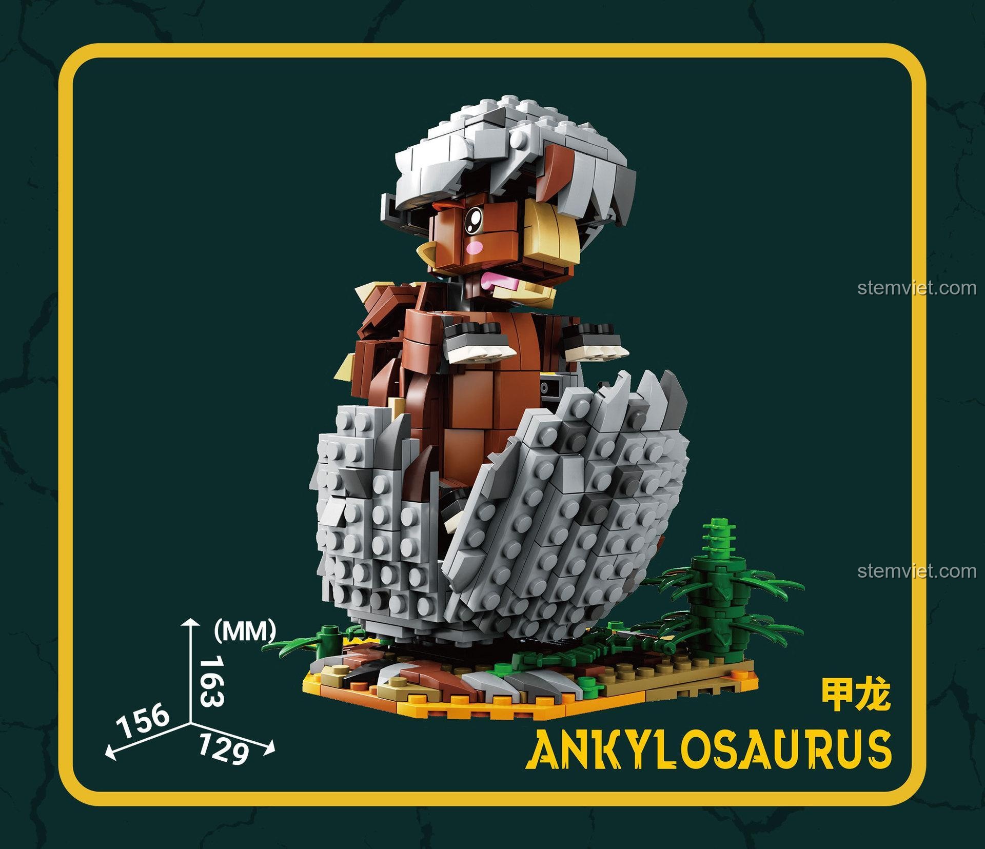 Kích thước chi tiết của mô hình trứng khủng long Ankylosaurus: cao 163mm, dài 129mm, rộng 156mm.