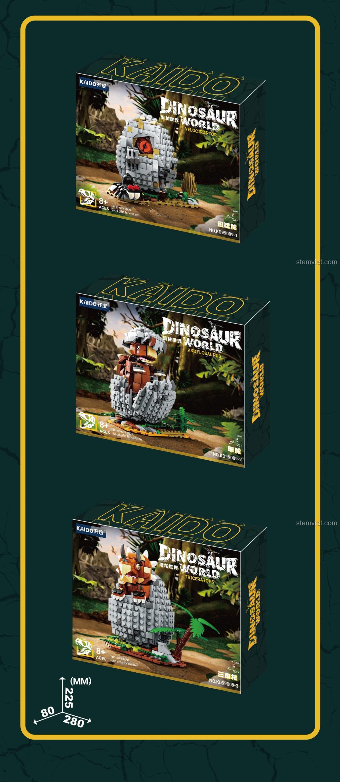 Kích thước hộp của mỗi bộ nhỏ trong series Kaido KD99009: dài 280mm, cao 225mm, rộng 80mm.