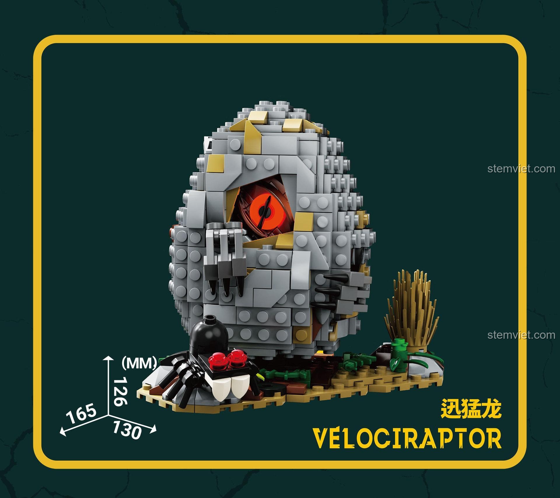 Kích thước chi tiết của mô hình trứng khủng long Velociraptor: cao 165mm, dài 130mm, rộng 126mm.