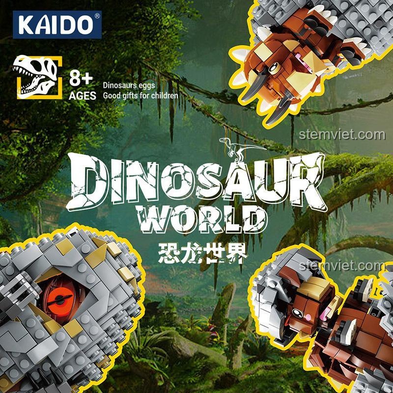 Ảnh quảng cáo bộ đồ chơi lắp ráp Kaido Dinosaur World, quà tặng tốt cho trẻ em trên 8 tuổi.