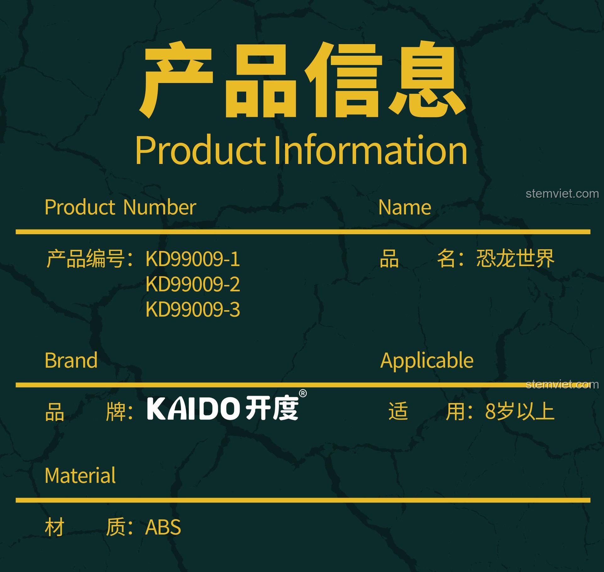 Thông tin sản phẩm bộ lắp ráp Kaido KD99009: thương hiệu, độ tuổi, chất liệu.