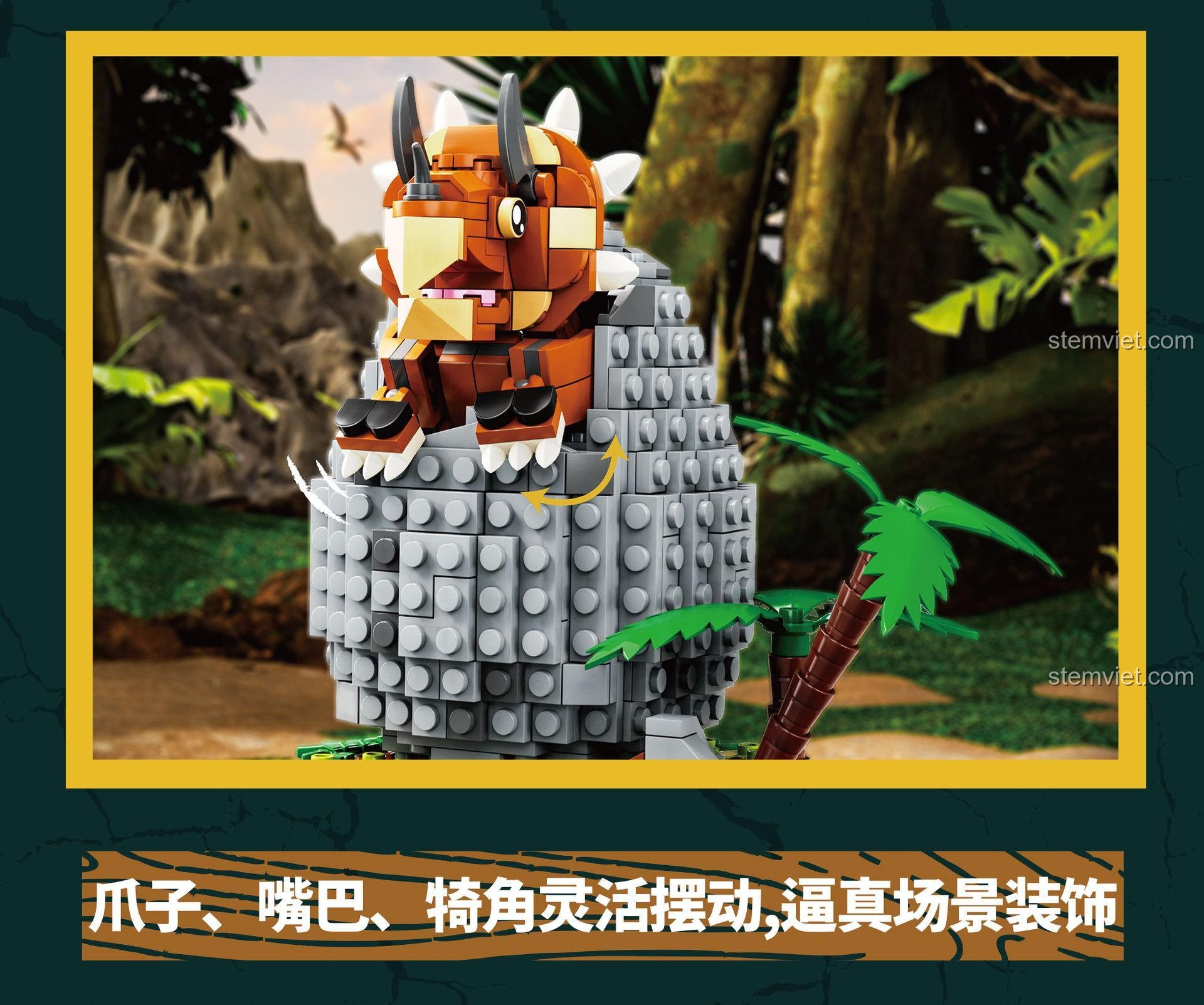 Móng vuốt, miệng và sừng của khủng long Triceratops có thể cử động linh hoạt, tạo nên một khung cảnh sống động.