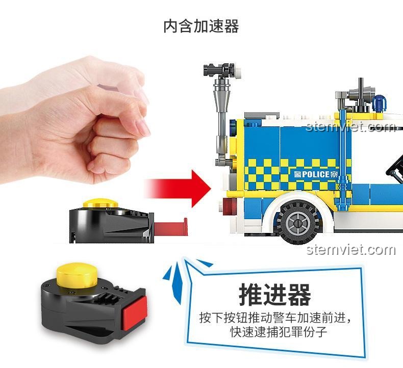 KAZI 67273 đồ chơi mô hình Xe cảnh sát, minh họa tính năng động cơ kéo lùi của xe cảnh sát KAZI 67273, giúp bé trai 6 tuổi trải nghiệm hành động kịch tính.