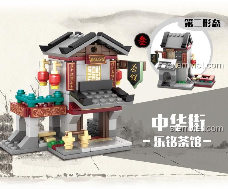 Thông tin chi tiết trên hộp bộ xếp hình Tiệm Bánh Bao Linh Lung KAZI 5005, bao gồm kích thước và số lượng 155 mảnh ghép.