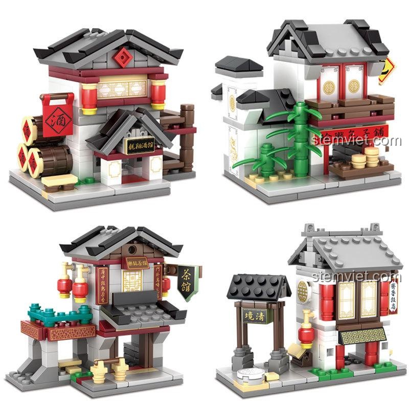 Toàn cảnh 4 mô hình kiến trúc cổ Trung Hoa từ bộ đồ chơi KAZI, bao gồm tửu quán, tiệm bánh bao, trà quán và khách sạn.
