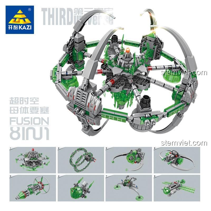 Poster bộ đồ chơi KAZI KY6634, giới thiệu 8 mẫu phi thuyền nhỏ và mô hình hợp thể lớn.