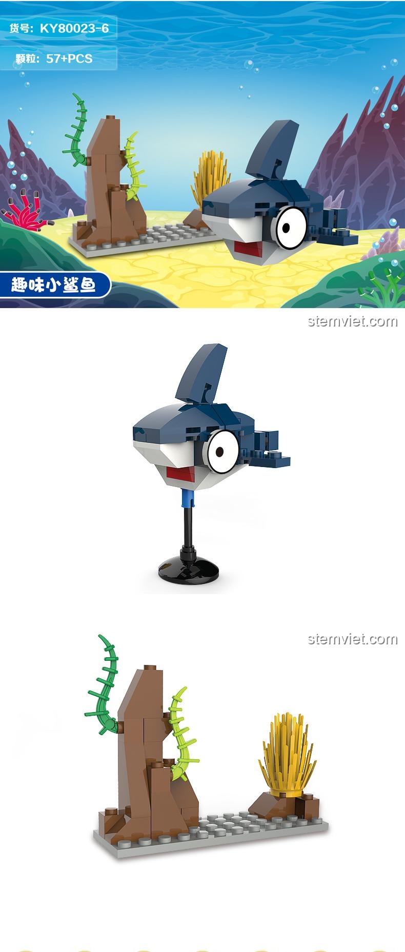 đồ chơi xếp hình KAZI KY80023-6. Bộ lắp ghép Chú Cá Mập Vui Vẻ và rạn san hô cho bé trai.