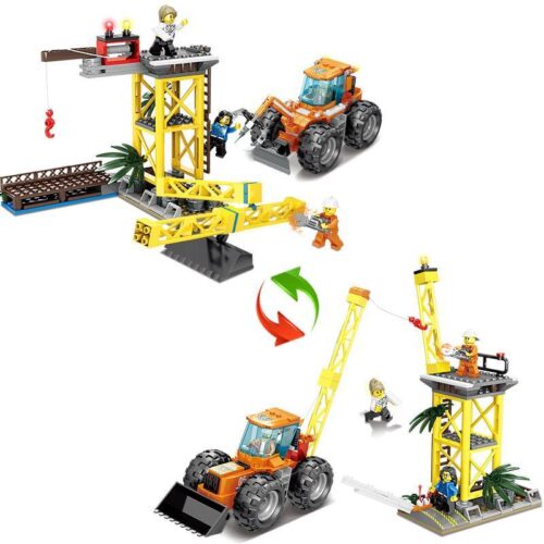 Bộ lắp ráp KAZI KY80522 Xe Cứu Hỏa Công Trình 2 trong 1, đồ chơi xếp hình xe ủi và cần cẩu cứu hộ cho bé trai 6 tuổi giá rẻ.