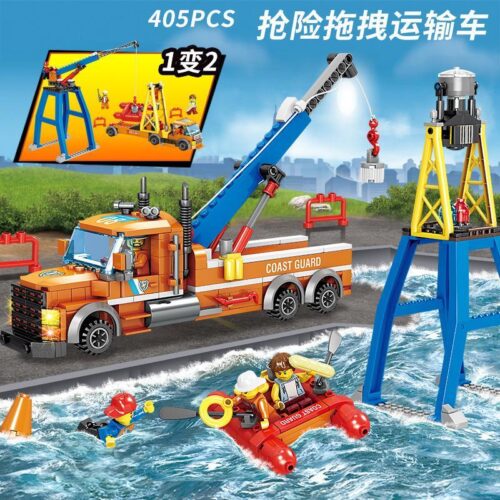 Bộ lắp ráp xe cứu hộ bờ biển KAZI KY80523 cho bé trai 6 tuổi. Đồ chơi xếp hình xe tải cần cẩu và thuyền cứu hộ giá rẻ.