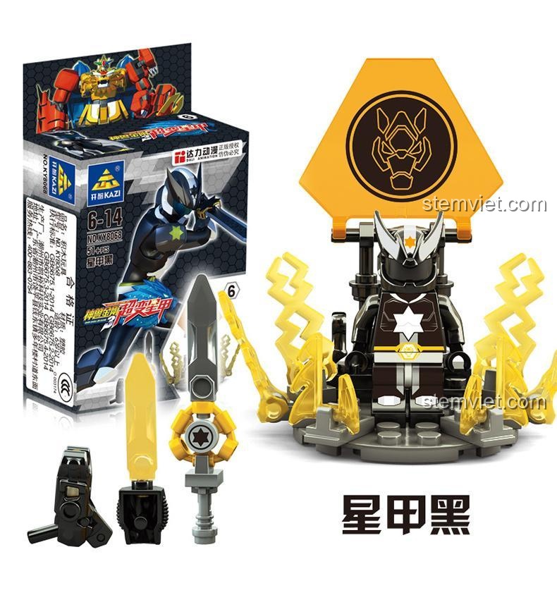 Chi tiết bộ lắp ghép nhân vật Tinh Giáp Hắc KAZI KY8068-2. Mô hình Thần Thú Kim Cang kèm vũ khí và bệ trưng bày.