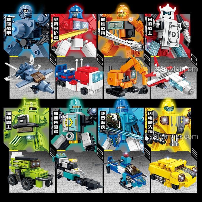 Bộ 8 Robot biến hình KAZI KY8099 với các mẫu xe và robot đa dạng, đồ chơi mô hình cho bé trai sáng tạo.