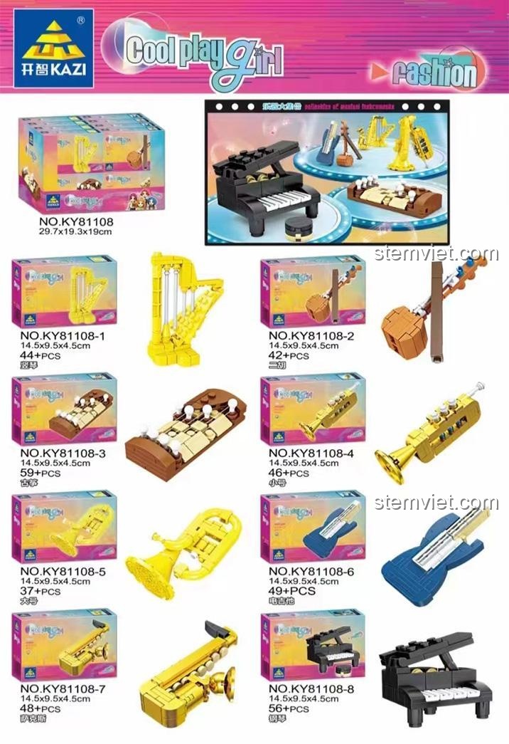 Bộ lắp ghép nhạc cụ KAZI KY81108 Cool Play Girl với 8 mẫu lắp ráp khác nhau, đồ chơi giáo dục cho bé gái 6 tuổi.