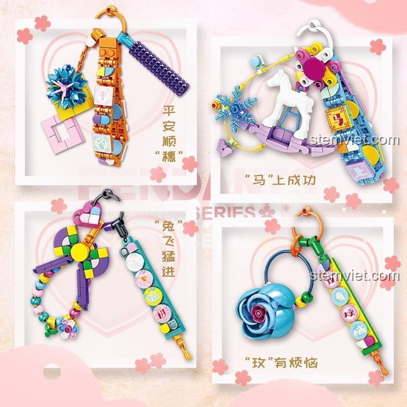 Bốn mẫu móc khóa lắp ráp độc đáo từ bộ đồ chơi KAZI KY81112, thể hiện ước nguyện may mắn.