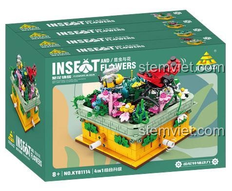 Hộp đồ chơi xếp hình KAZI KY81114 chủ đề hoa và côn trùng, gồm 4 mô hình nhỏ có thể kết hợp.