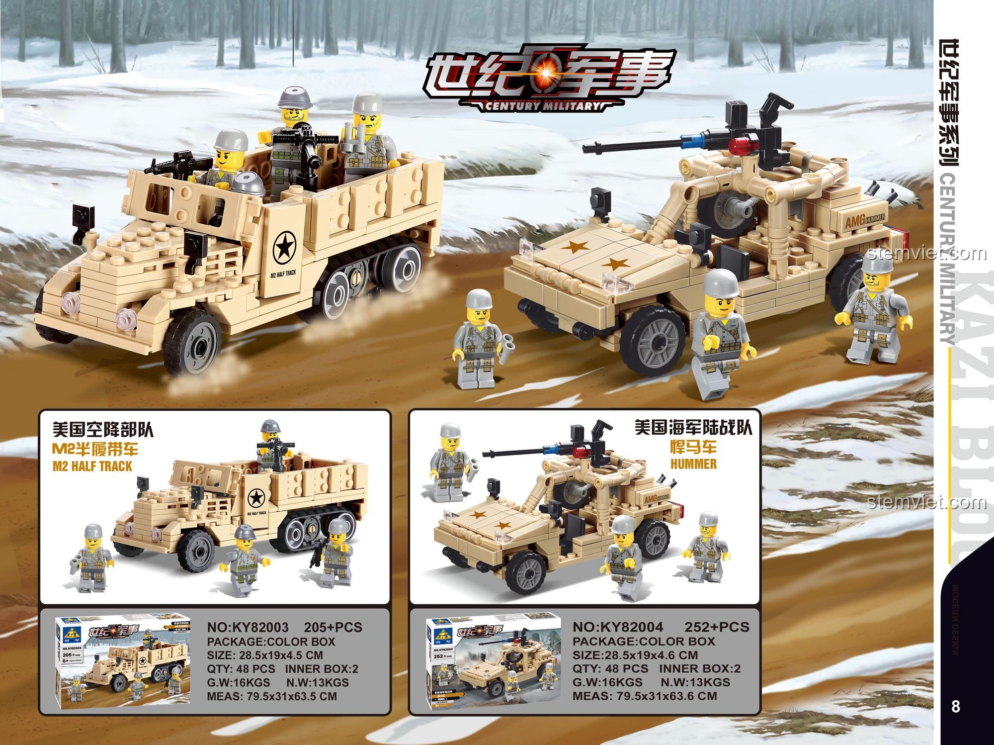 Mặt sau hộp đồ chơi xếp hình KAZI KY82003 Xe bọc thép chở quân M2, thể hiện các góc nhìn khác nhau của mô hình.