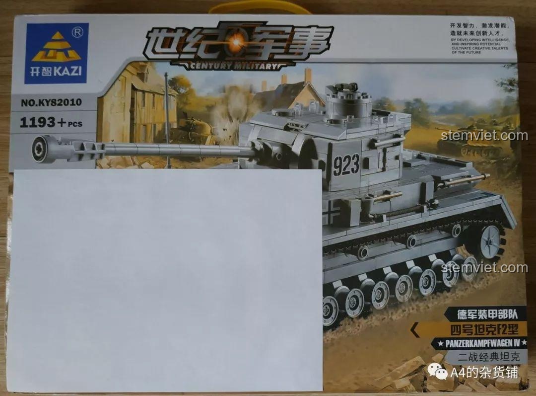 Mặt sau hộp KAZI KY82010 hiển thị kích thước mô hình Xe tăng Panzer IV F2 (38cm x 14.5cm) và các chi tiết chức năng.