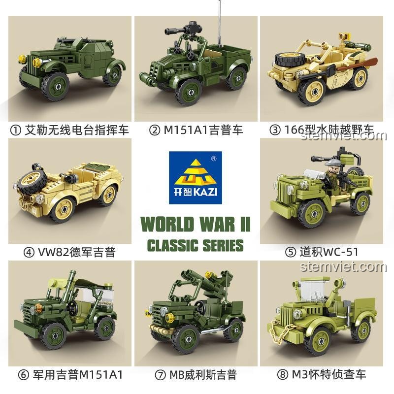 Các mẫu lắp ráp riêng lẻ của bộ đồ chơi mô hình KAZI KY82057, bao gồm 8 kiểu xe quân sự khác nhau, mang đến trải nghiệm chơi đa dạng.